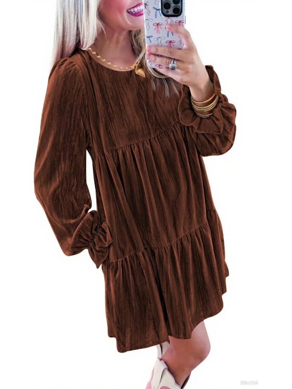Chic Women's Fall Crushed Velvet Babydoll Dress with Pockets - Semi-Formal Style